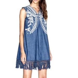 Elle Sasson Gulper Denim Embroidered Tassel Trim Dress Size 2